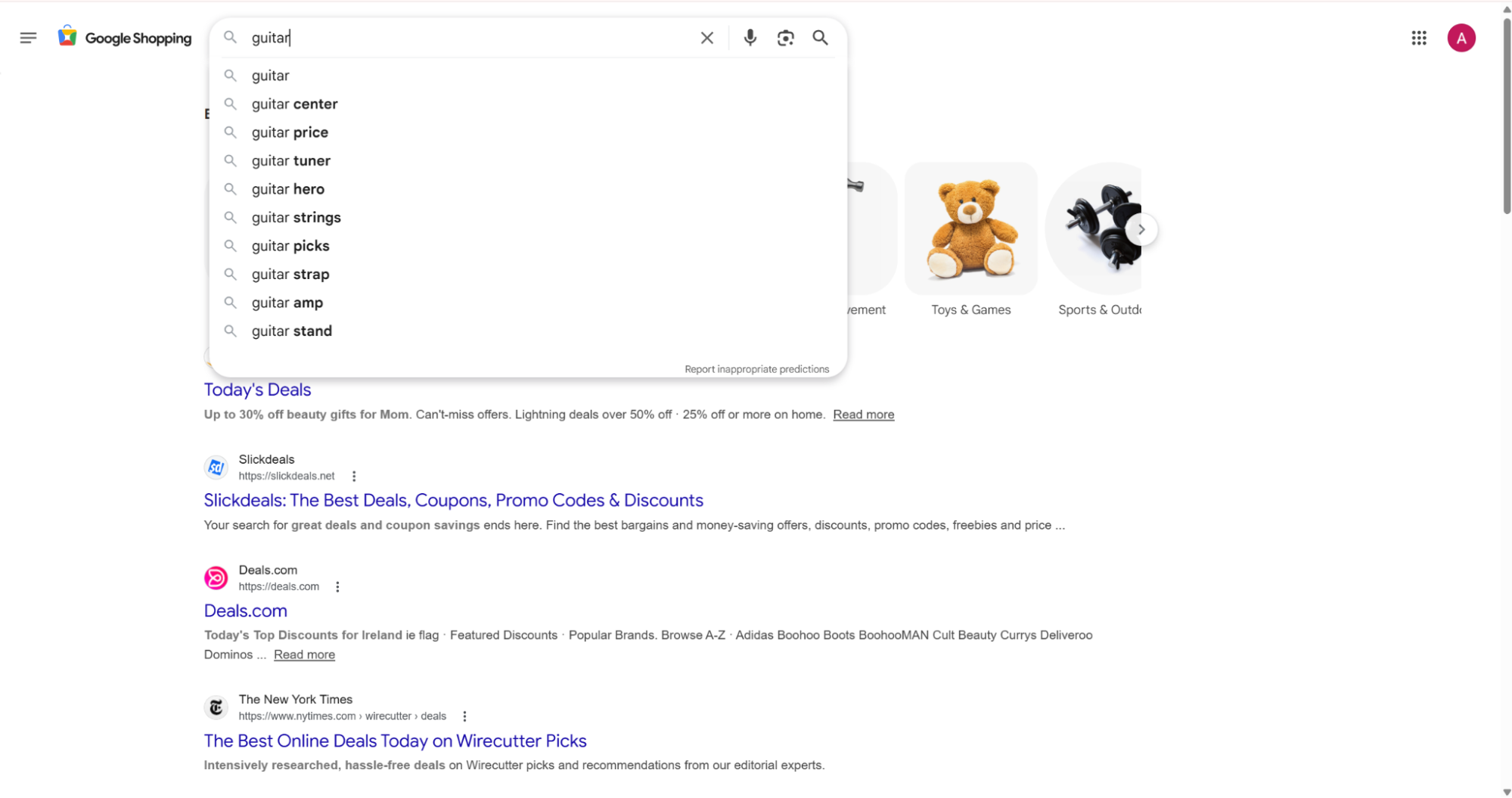 Google Shopping search bar typing guitar with keyword suggestions