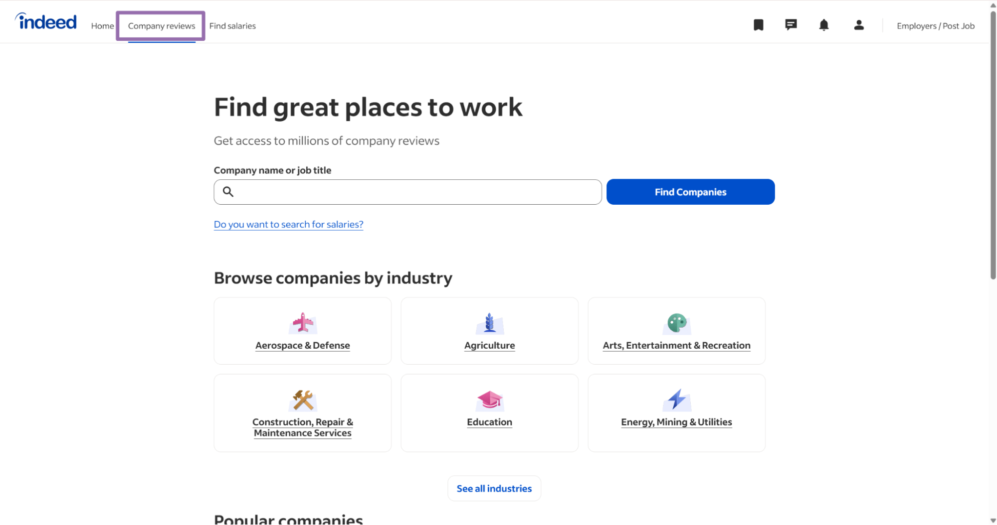 Indeed navigation bar with the Company Reviews tab