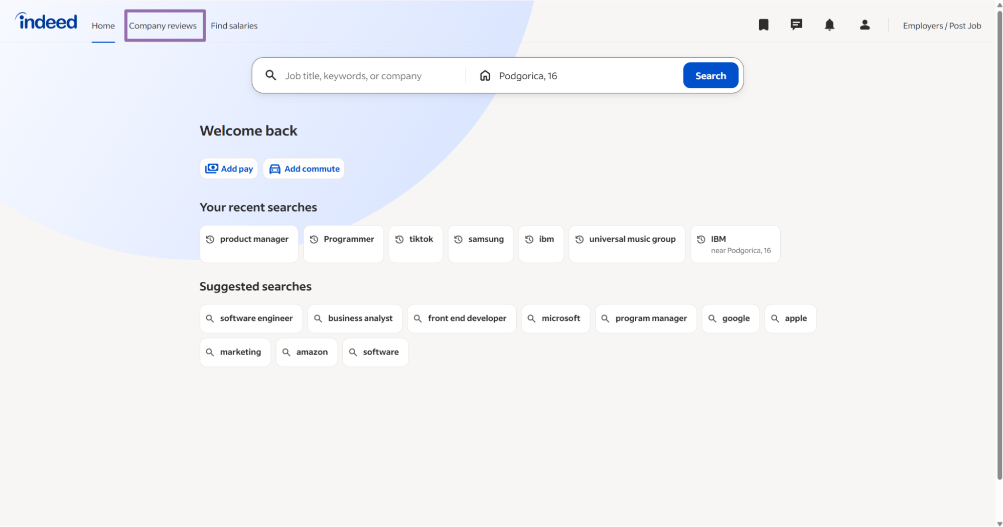 Indeed navigation bar with the Company Reviews link