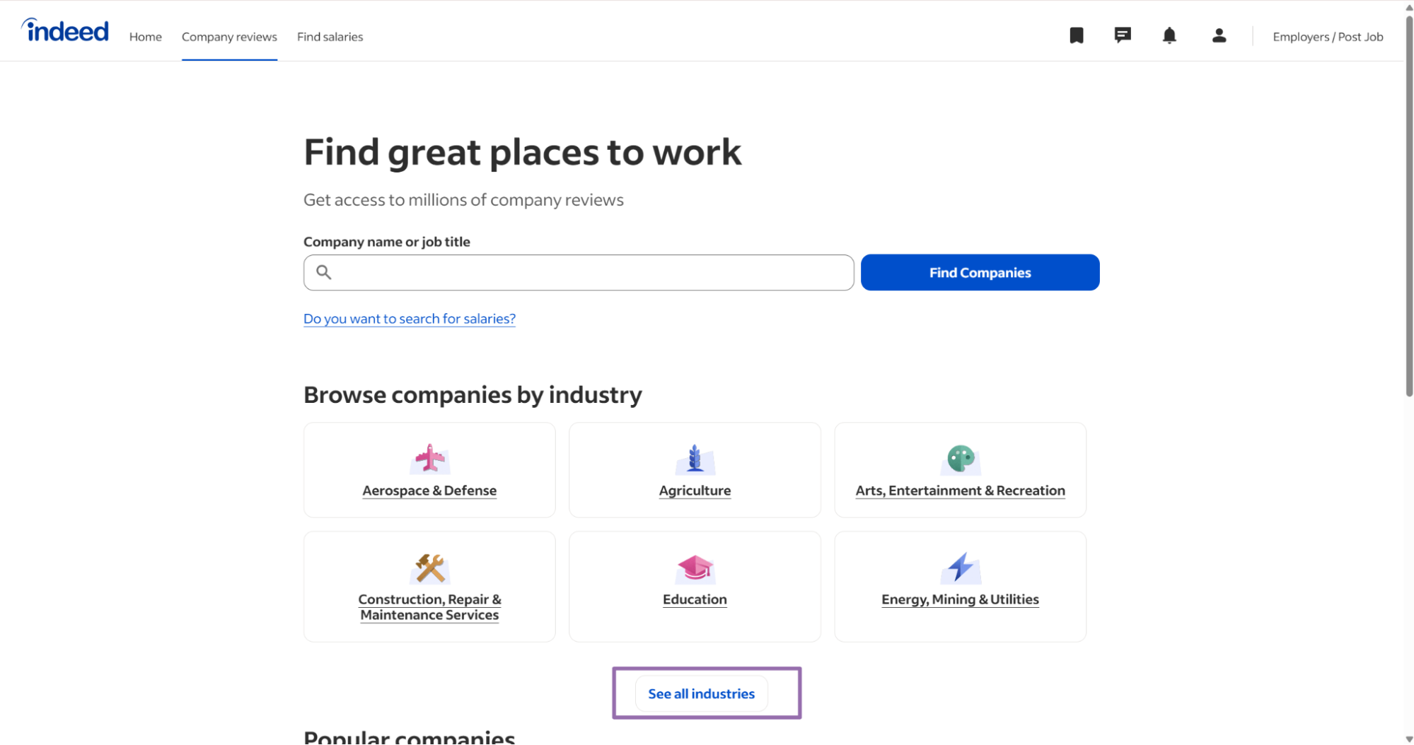 Indeed Browse by industry page with See all industries link