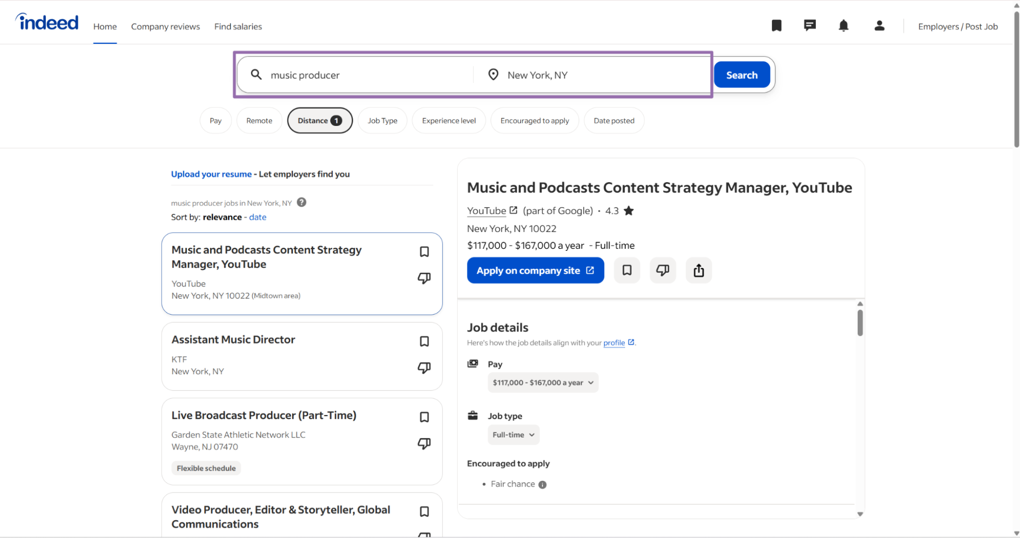 Open Indeed and search for a job title, company, and location