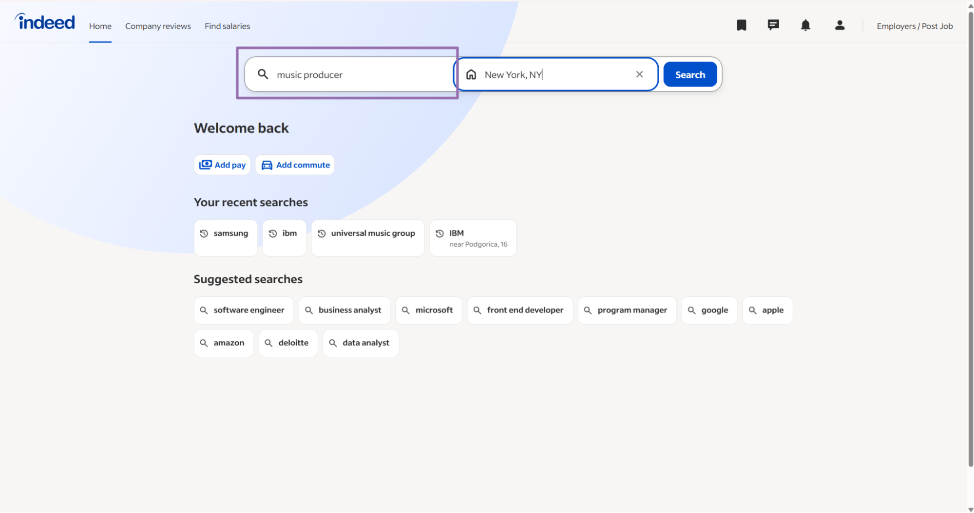 Open Indeed and enter the job keyword and location