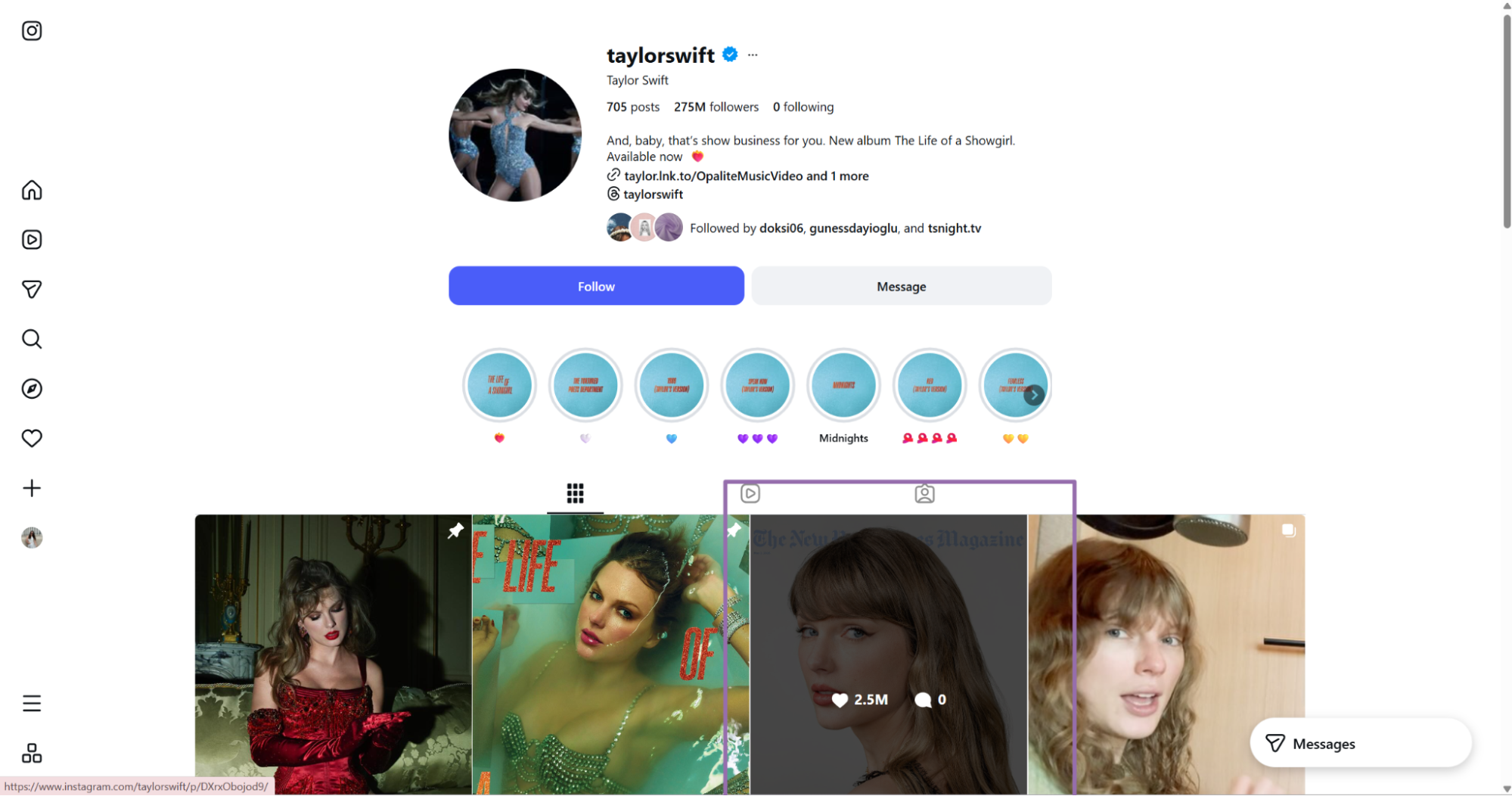 Instagram taylorswift profile with 705 posts and post grid