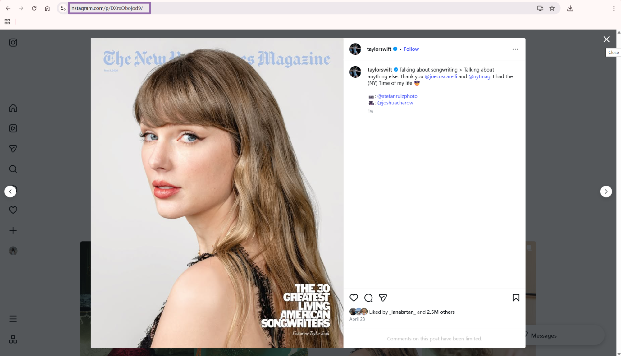 Instagram taylorswift NYT Magazine post opened with URL highlighted in address bar
