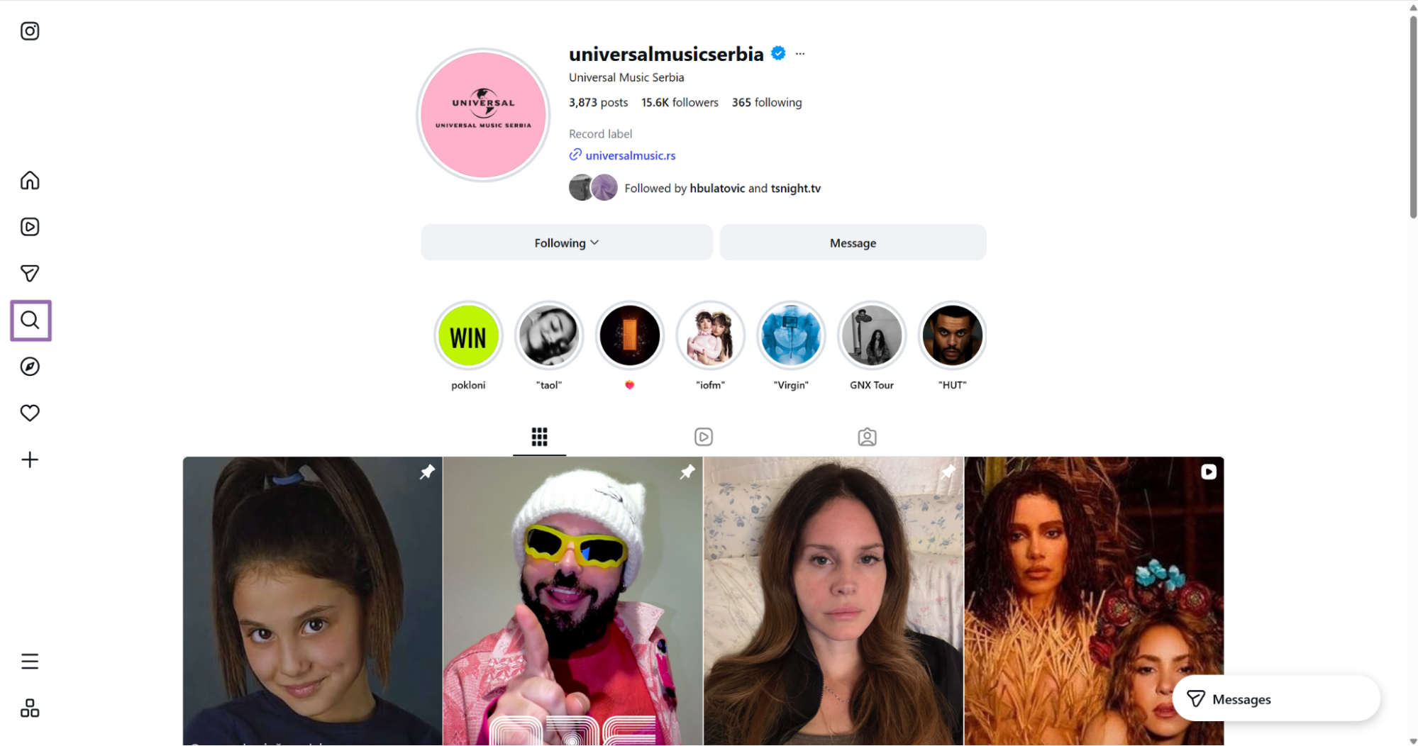 Instagram universalmusicserbia profile with Reels thumbnail grid