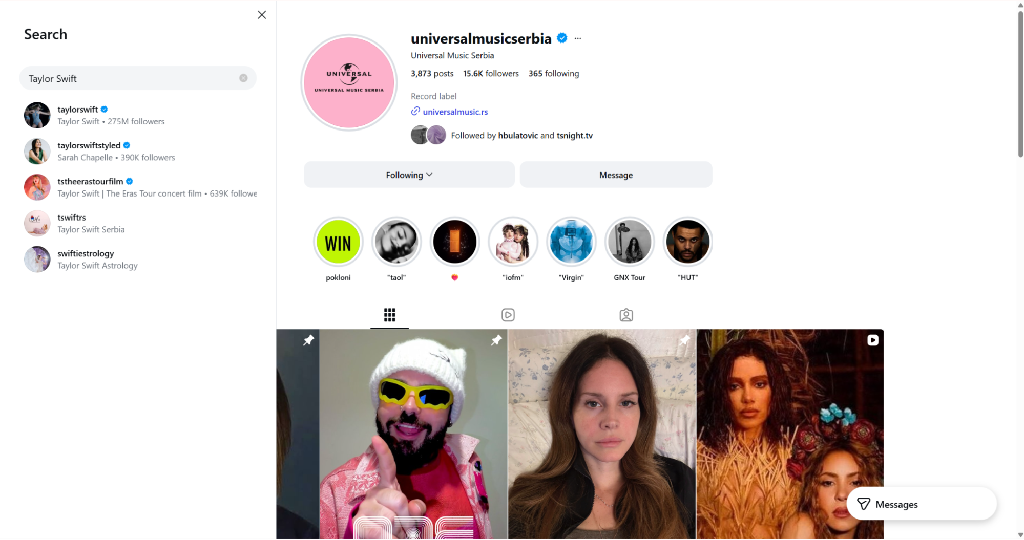 Instagram search box showing Taylor Swift account suggestions