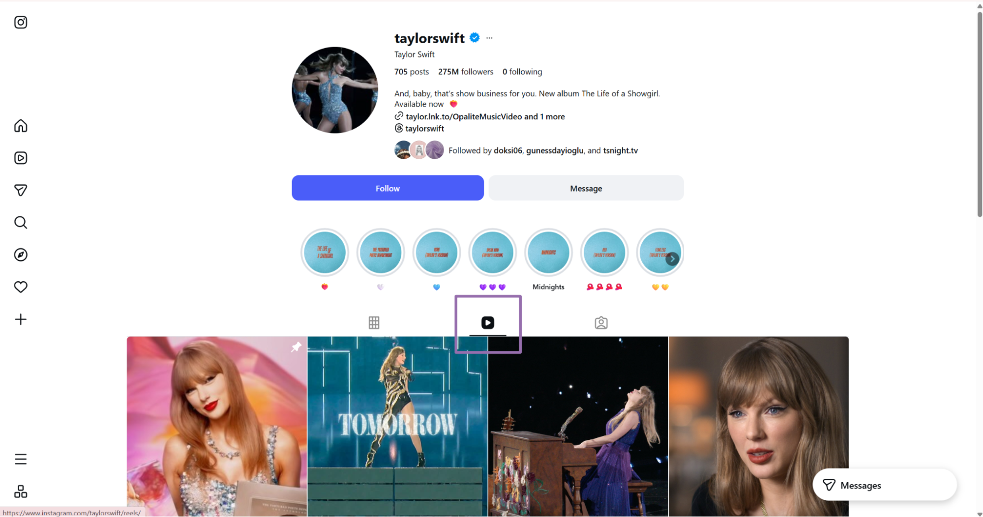 Instagram taylorswift profile with Reels tab icon selected