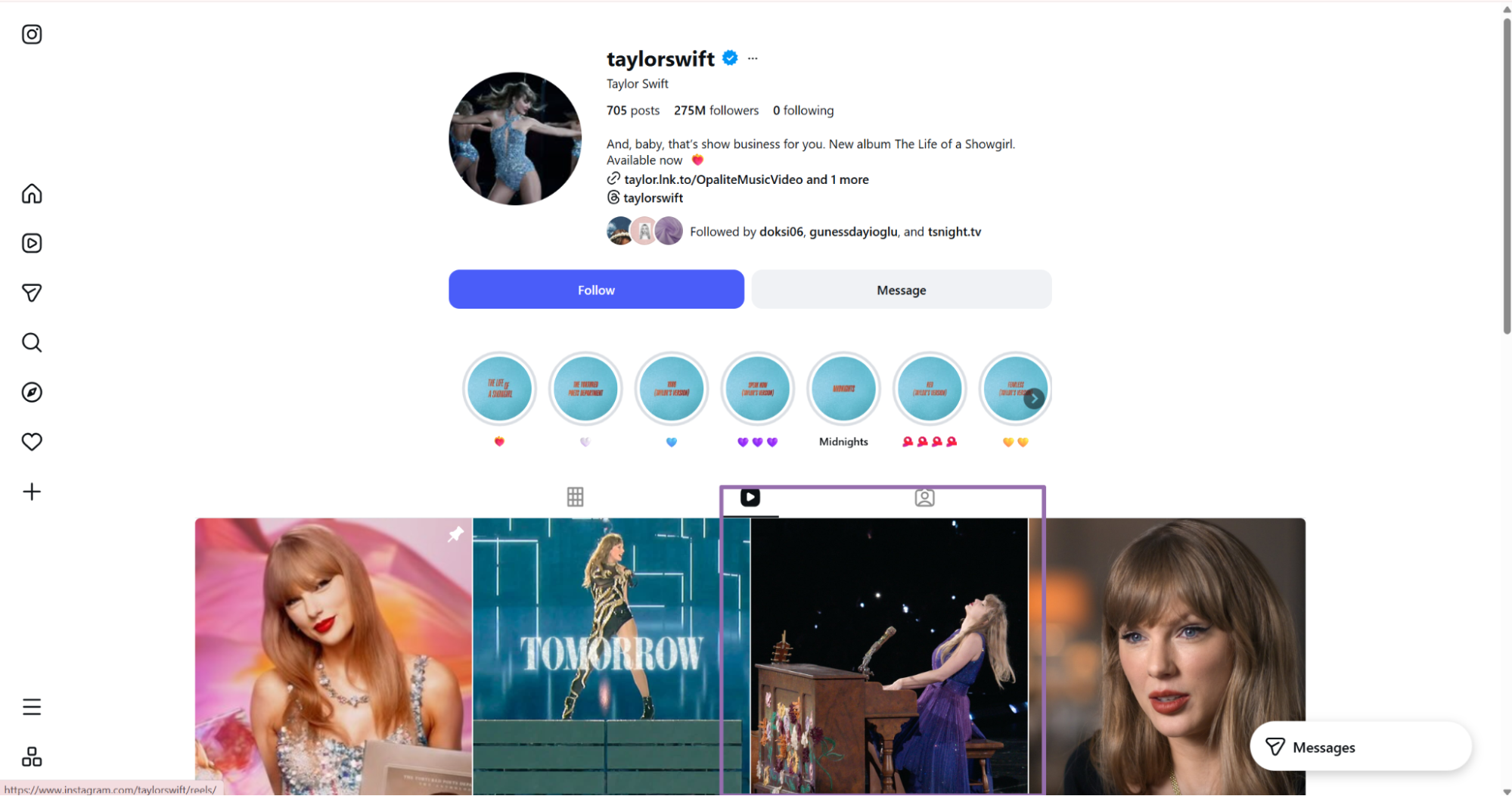 Instagram taylorswift Reels grid with a Reel thumbnail highlighted