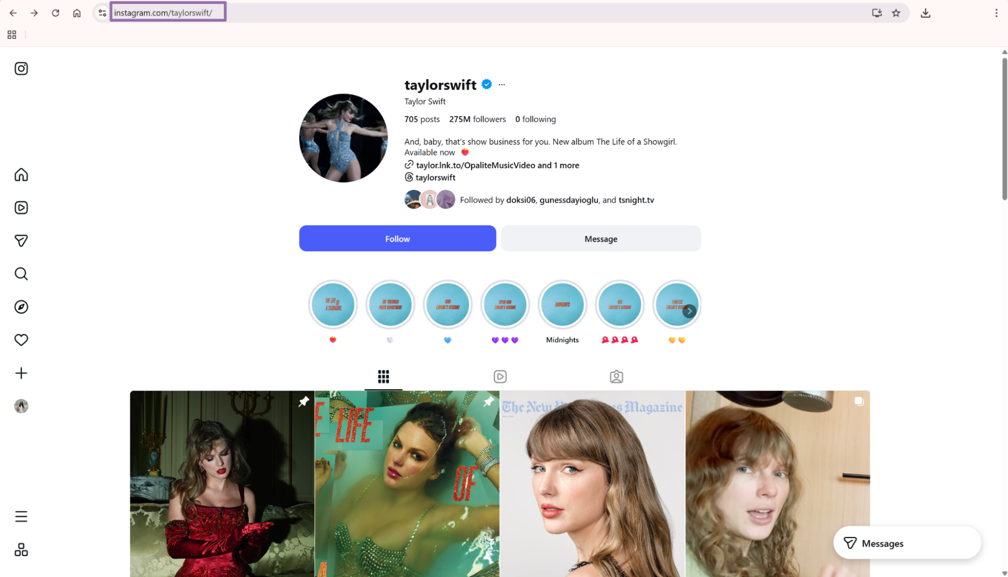 Instagram taylorswift profile address bar URL ready to copy