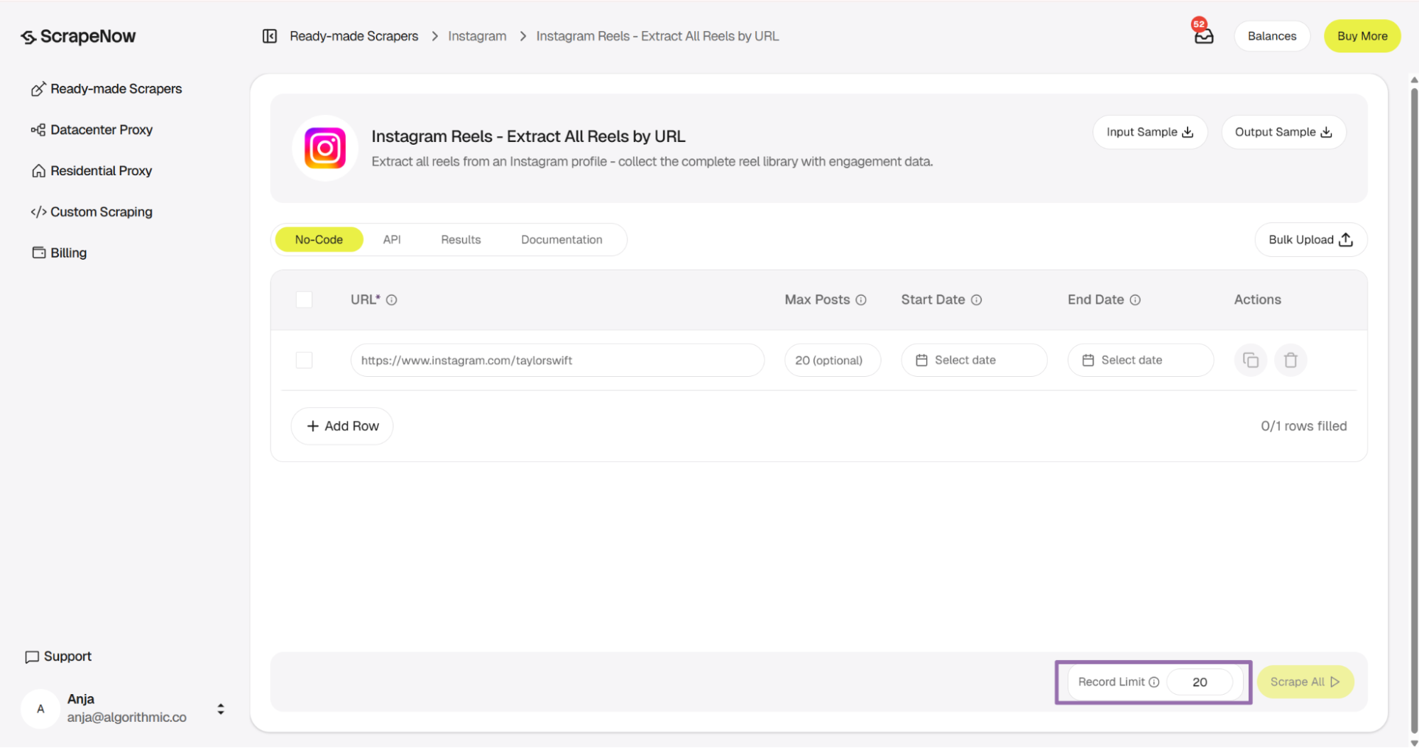 ScrapeNow Reels search panel taylorswift URL with Record Limit highlighted