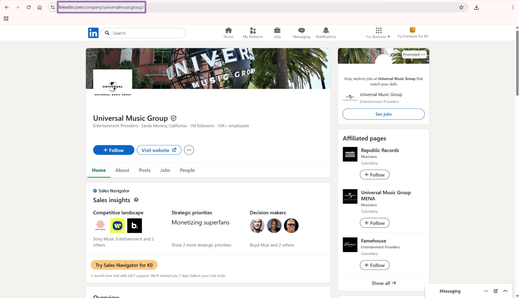 LinkedIn Universal Music Group company page URL in address bar