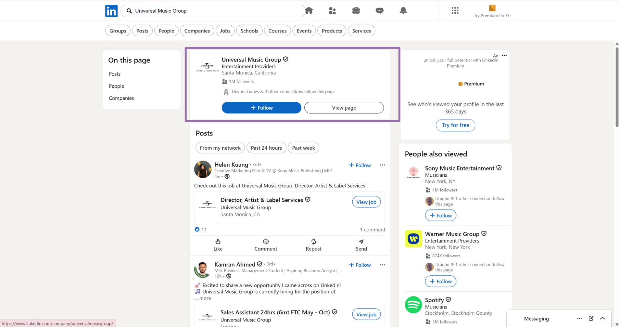 Universal Music Group company card in LinkedIn results