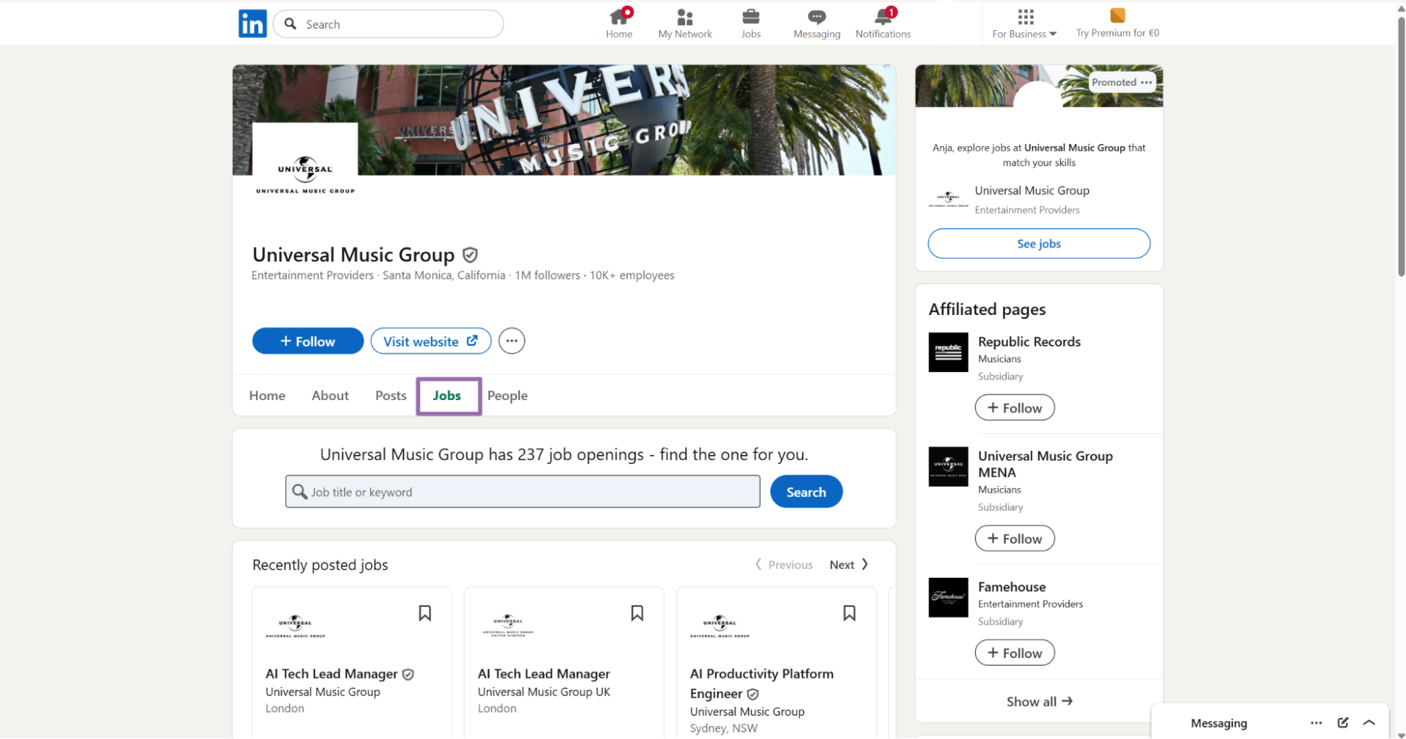 Universal Music Group LinkedIn page with the Jobs tab