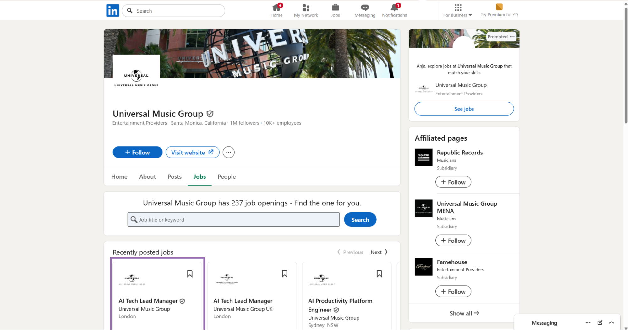 Recently posted jobs on the Universal Music Group page