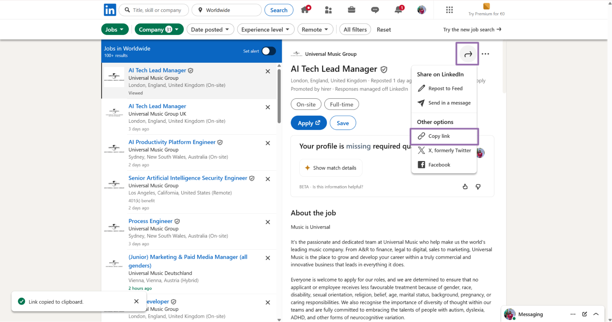 Copying a LinkedIn job post link via the share menu