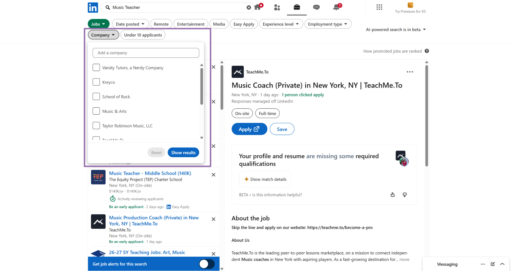 LinkedIn Jobs company filter options