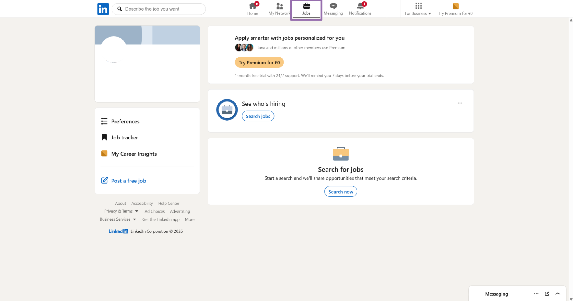 LinkedIn Jobs home page with the Jobs tab