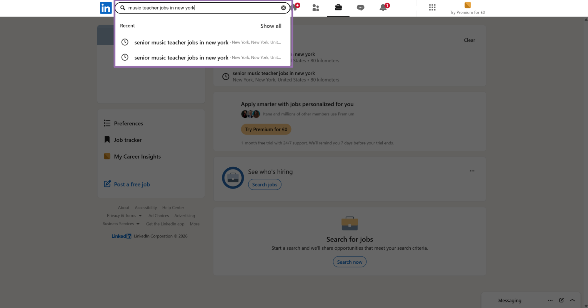 Typing a LinkedIn Jobs search for music teacher roles