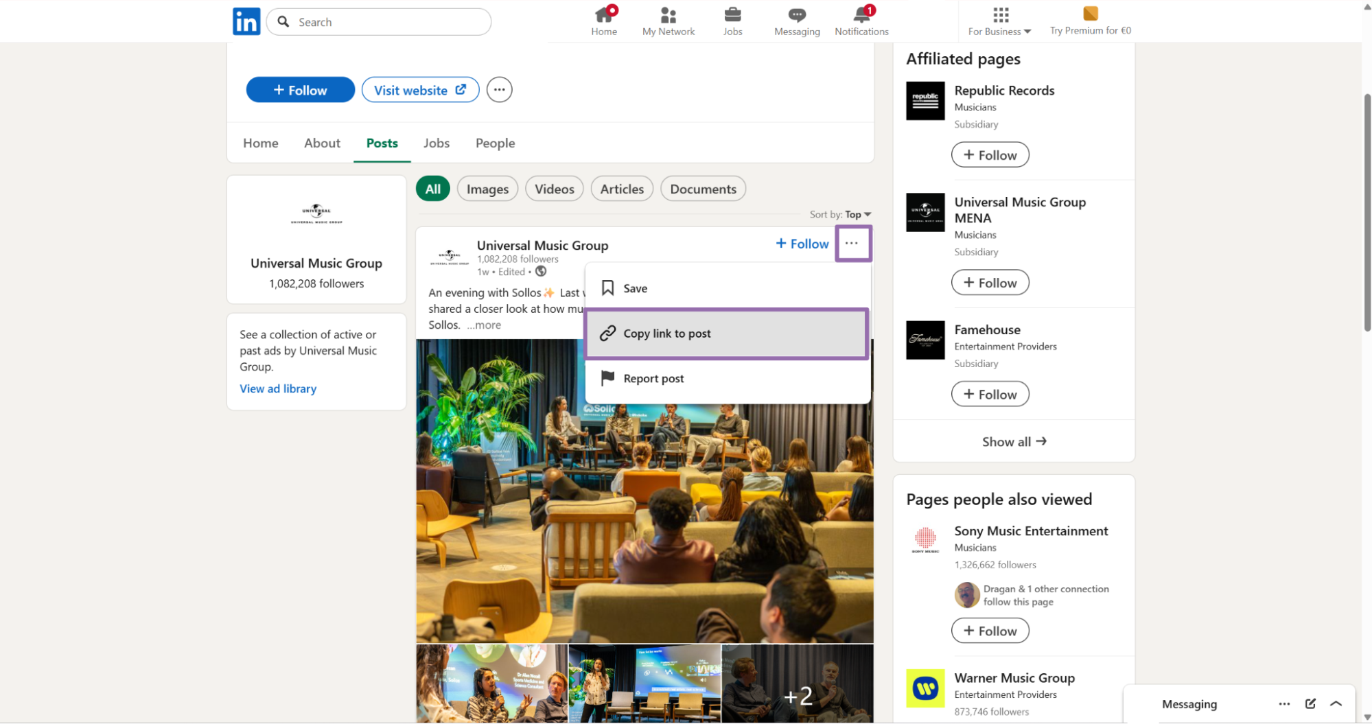 LinkedIn Universal Music Group post three-dot menu Copy link to post