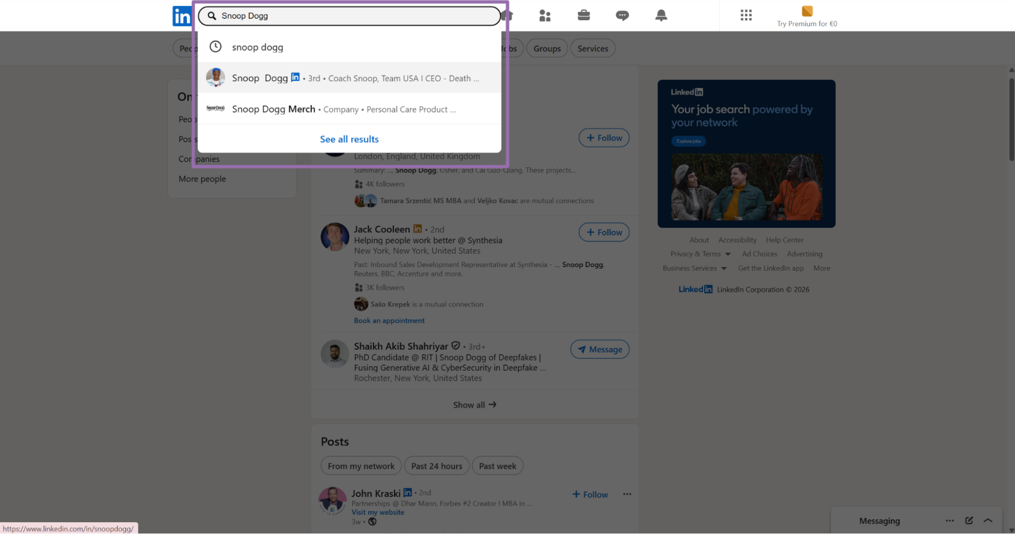 LinkedIn search bar typing Snoop Dogg with profile suggestions