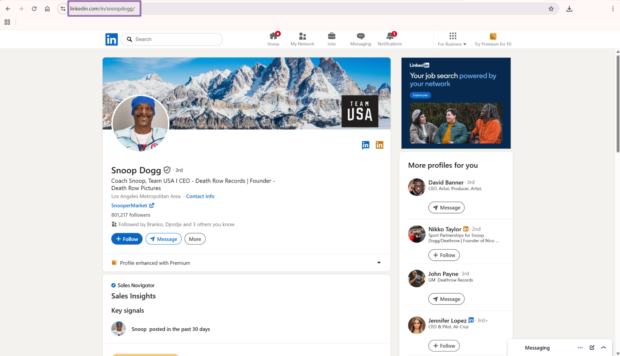 LinkedIn Snoop Dogg profile page with URL highlighted in address bar