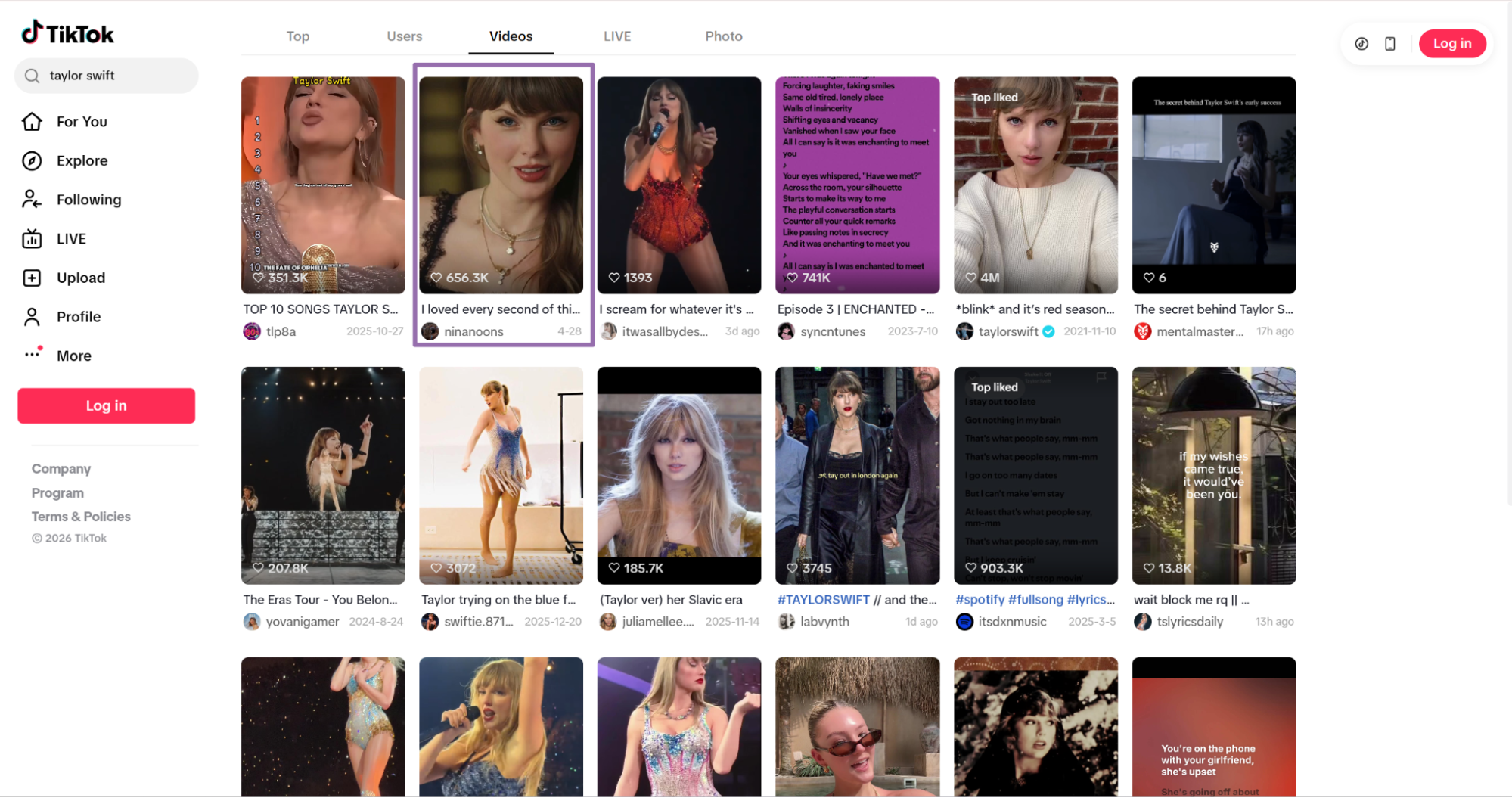TikTok video search results grid for taylor swift query