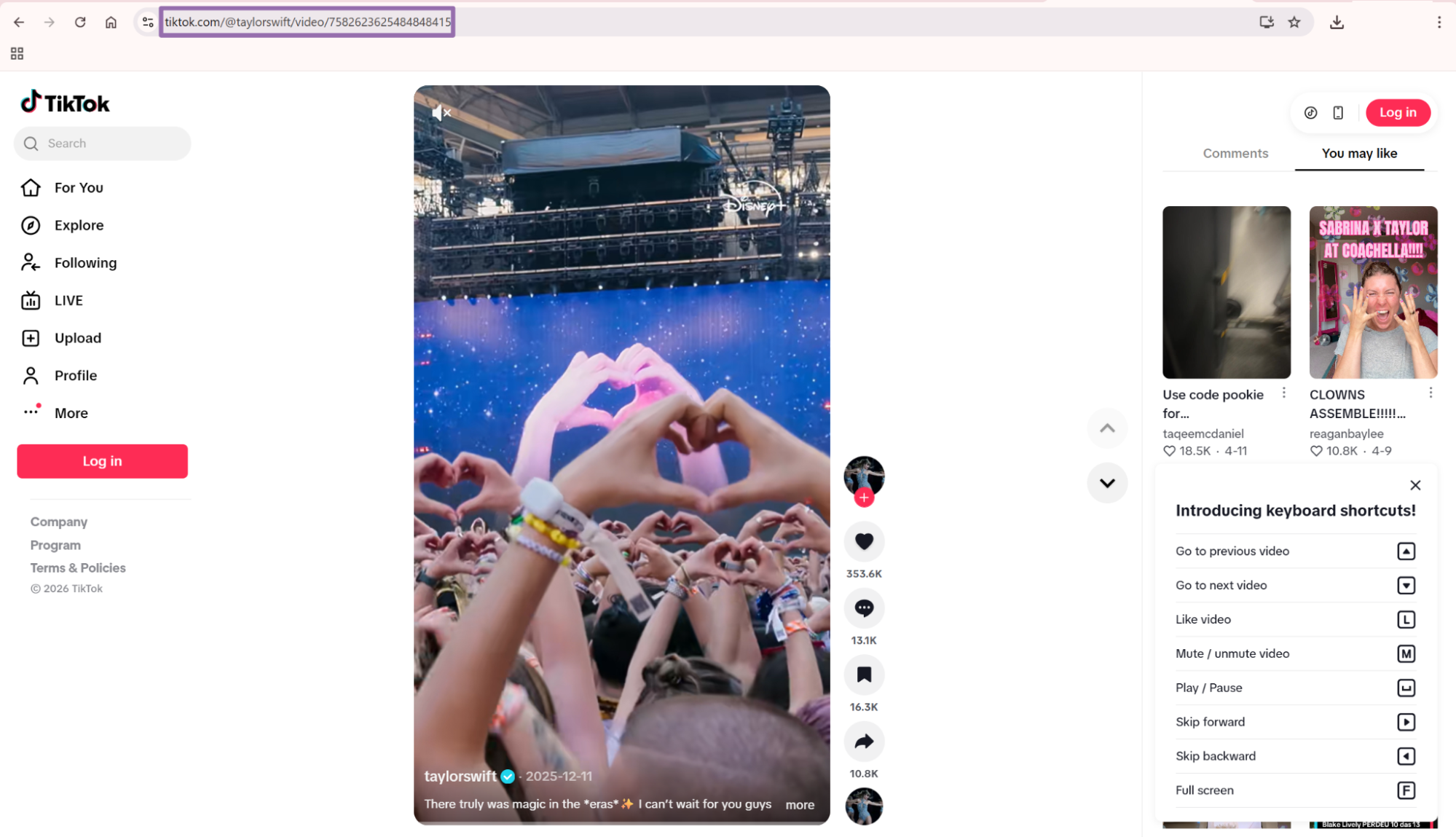 TikTok concert video playing with URL highlighted in address bar