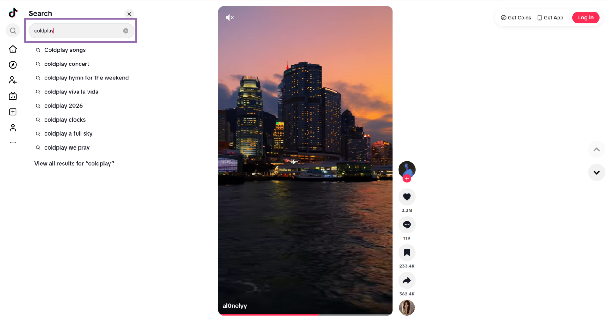 TikTok search box showing coldplay keyword autocomplete suggestions dropdown