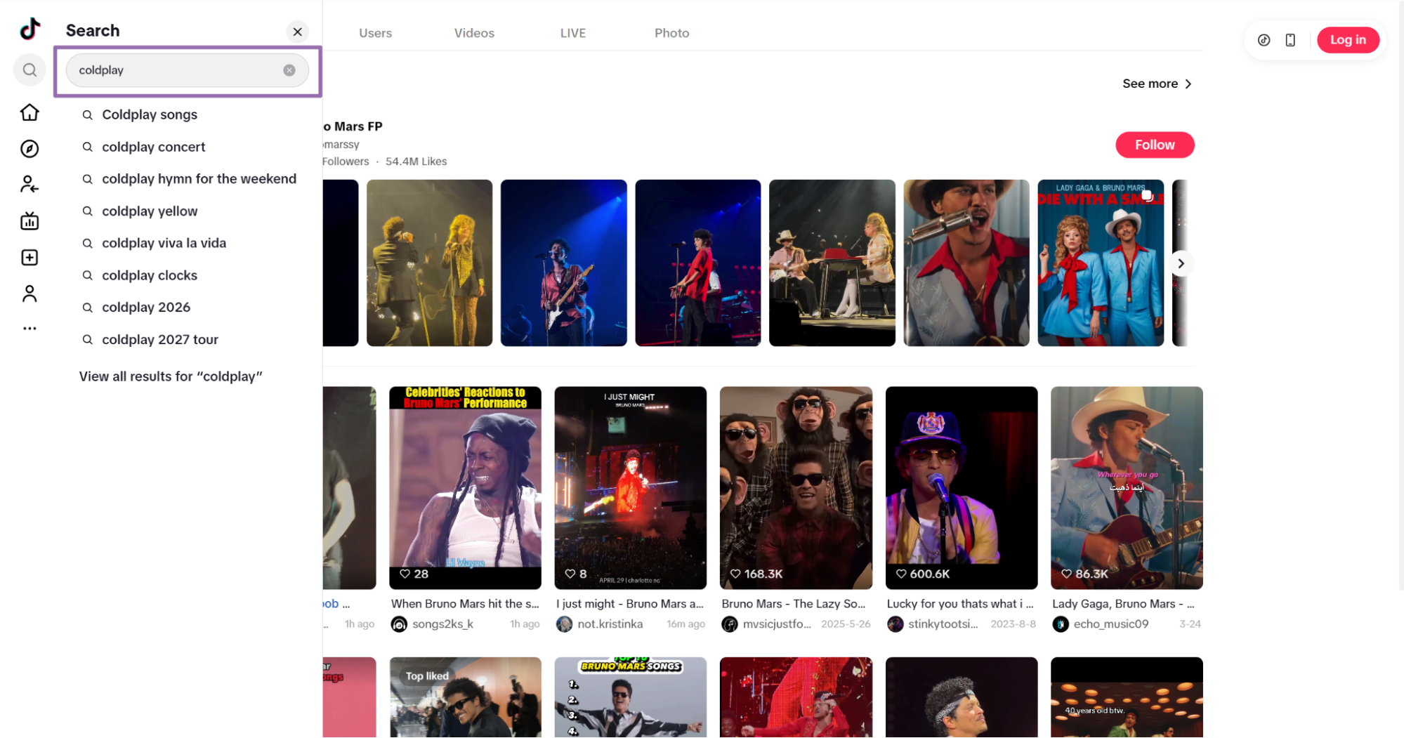 TikTok coldplay search results showing Bruno Mars FP creator profile