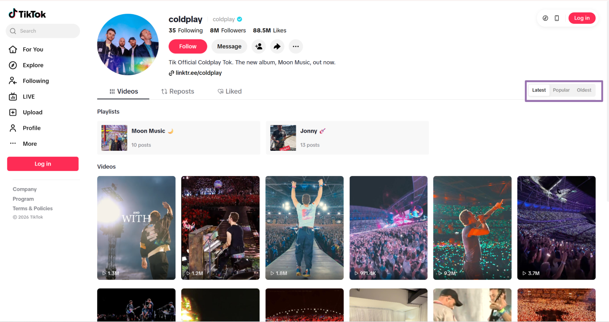 TikTok coldplay profile with Latest, Popular, Oldest sort tabs highlighted