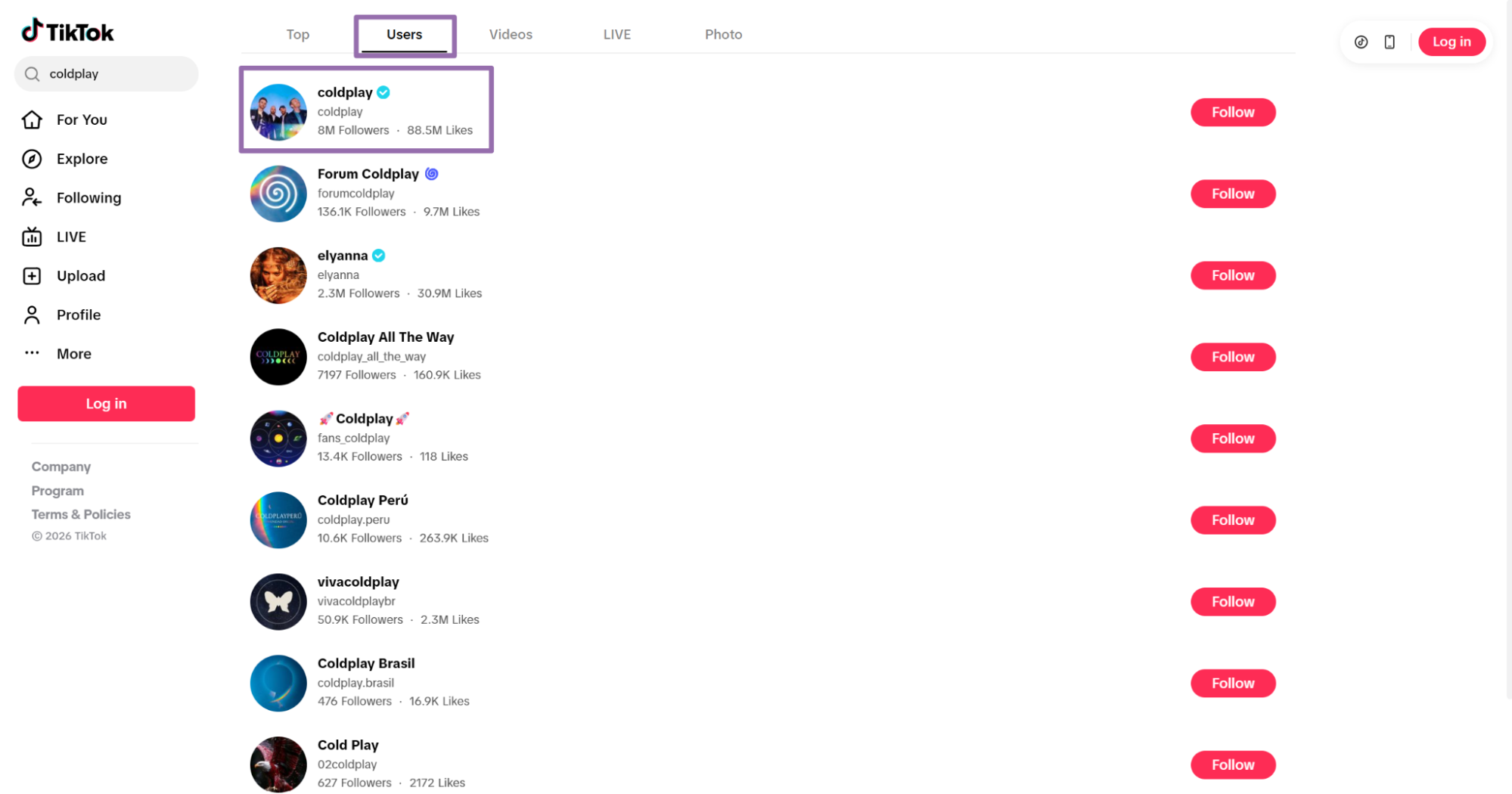 TikTok Users tab listing coldplay accounts with follower counts