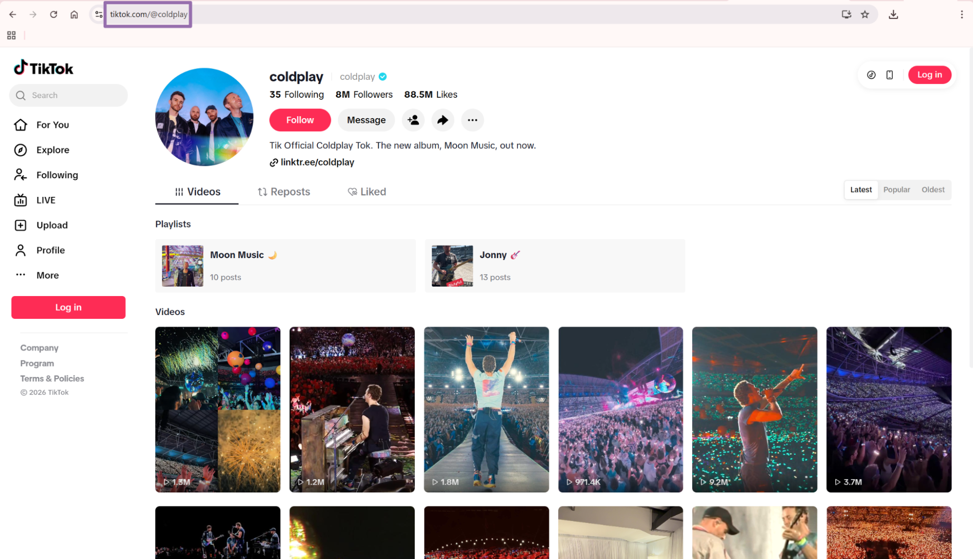 TikTok coldplay verified profile page with videos and URL highlighted