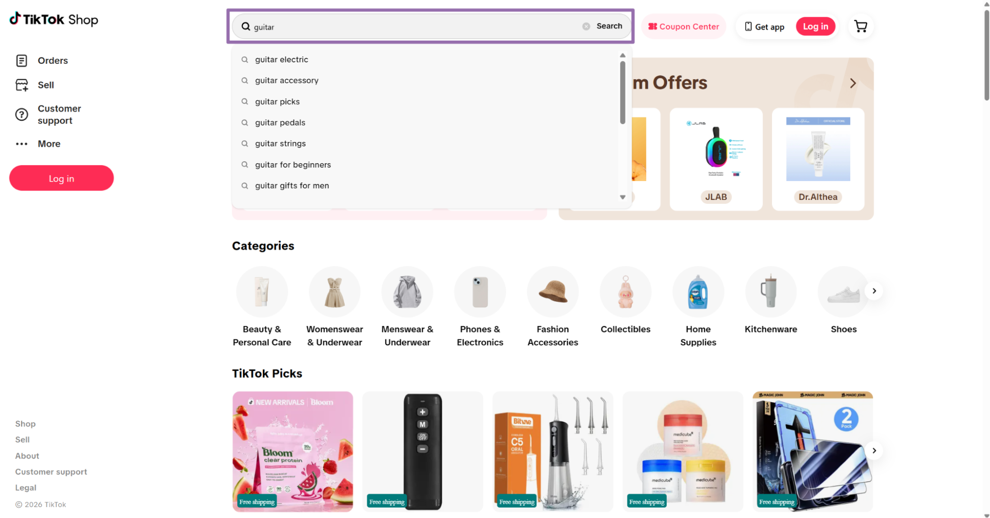 TikTok Shop search bar typing guitar with autocomplete suggestions