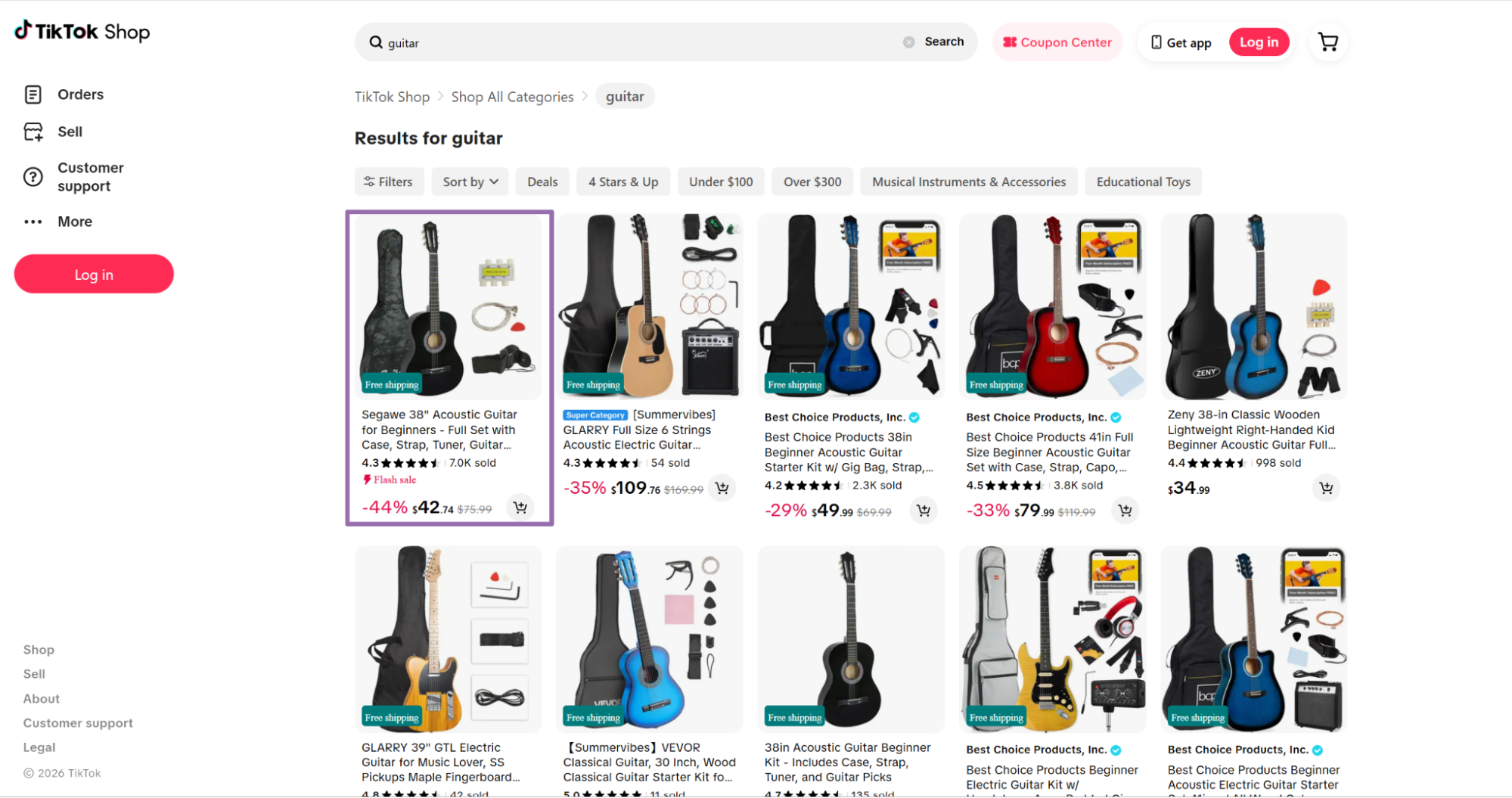 TikTok Shop guitar search results with acoustic guitar listings