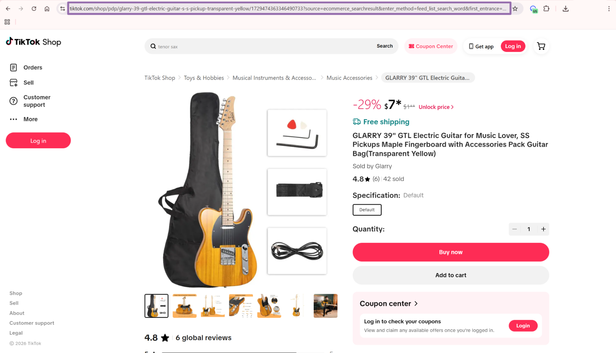 TikTok Shop GLARRY electric guitar product page with URL highlighted