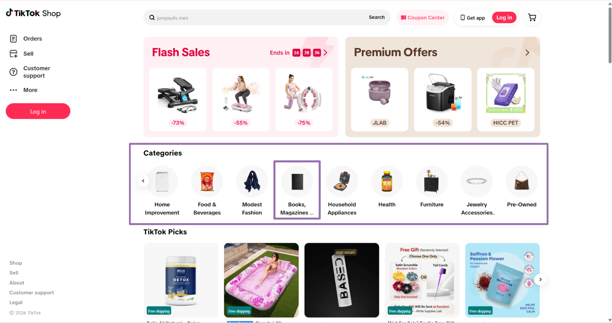 TikTok Shop categories row highlighting Books, Magazines section