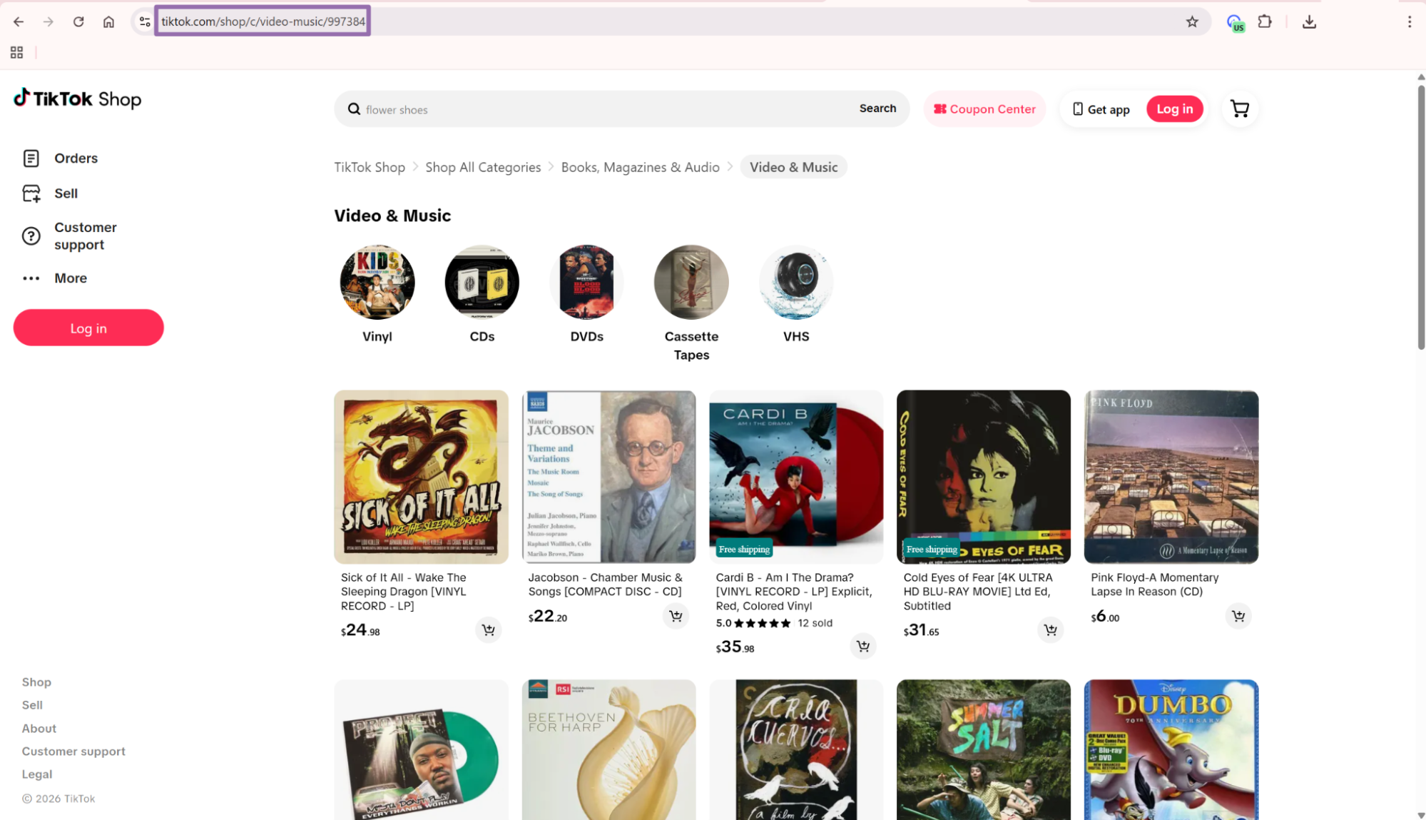 TikTok Shop Video Music category page with vinyl records and URL