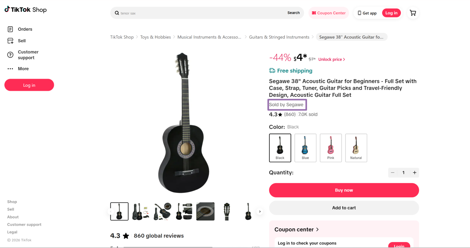 TikTok Shop Segawe acoustic guitar product page with seller name