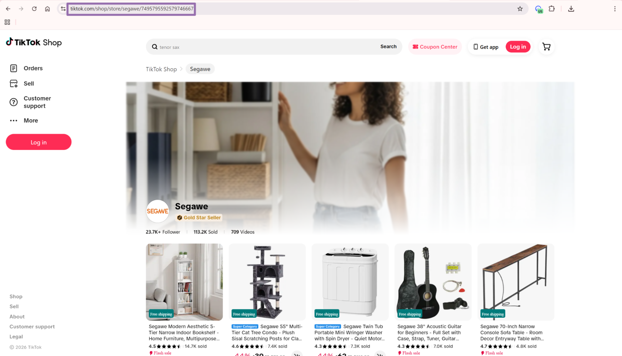 TikTok Shop Segawe seller storefront page with URL highlighted
