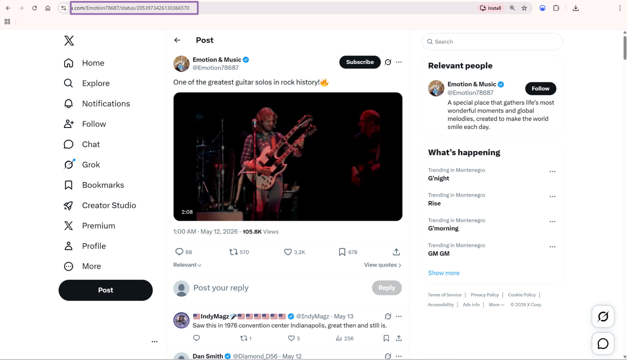 X Emotion and Music post detail page with status URL highlighted