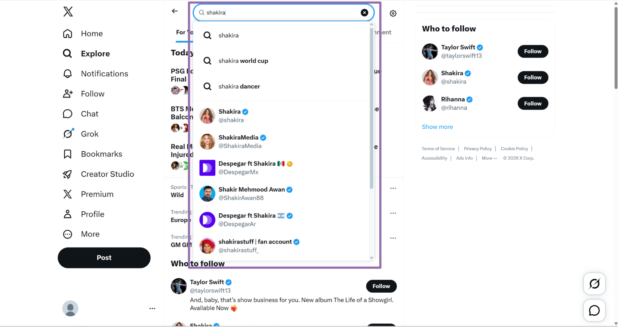 X Explore search dropdown suggesting Shakira accounts