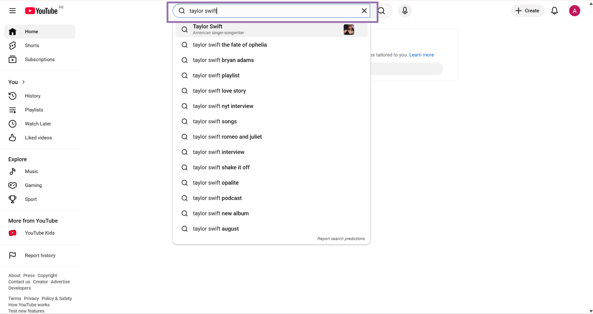 YouTube search suggesting Taylor Swift singer-songwriter and related queries