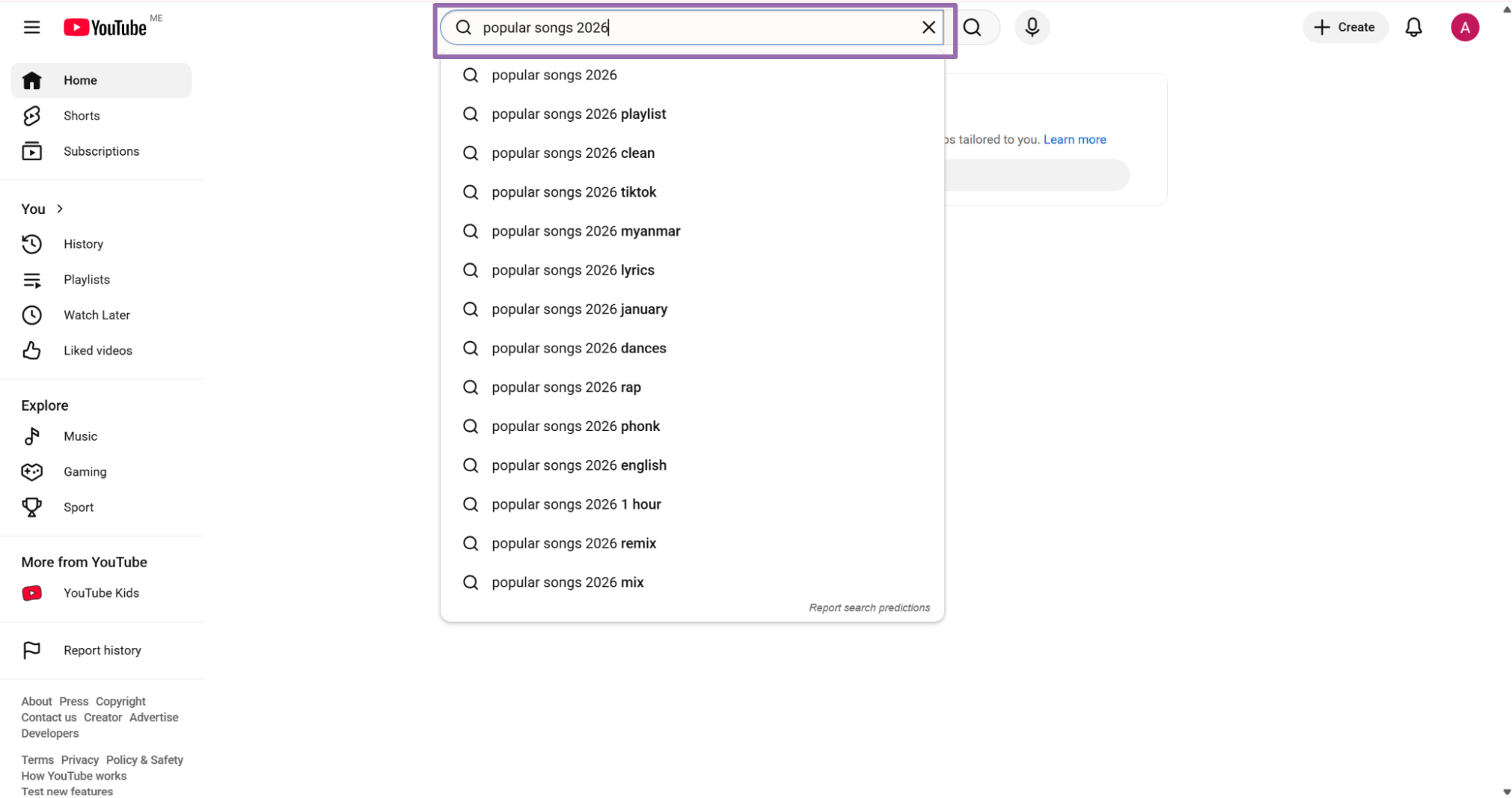 YouTube search box with popular songs 2026 autocomplete suggestions