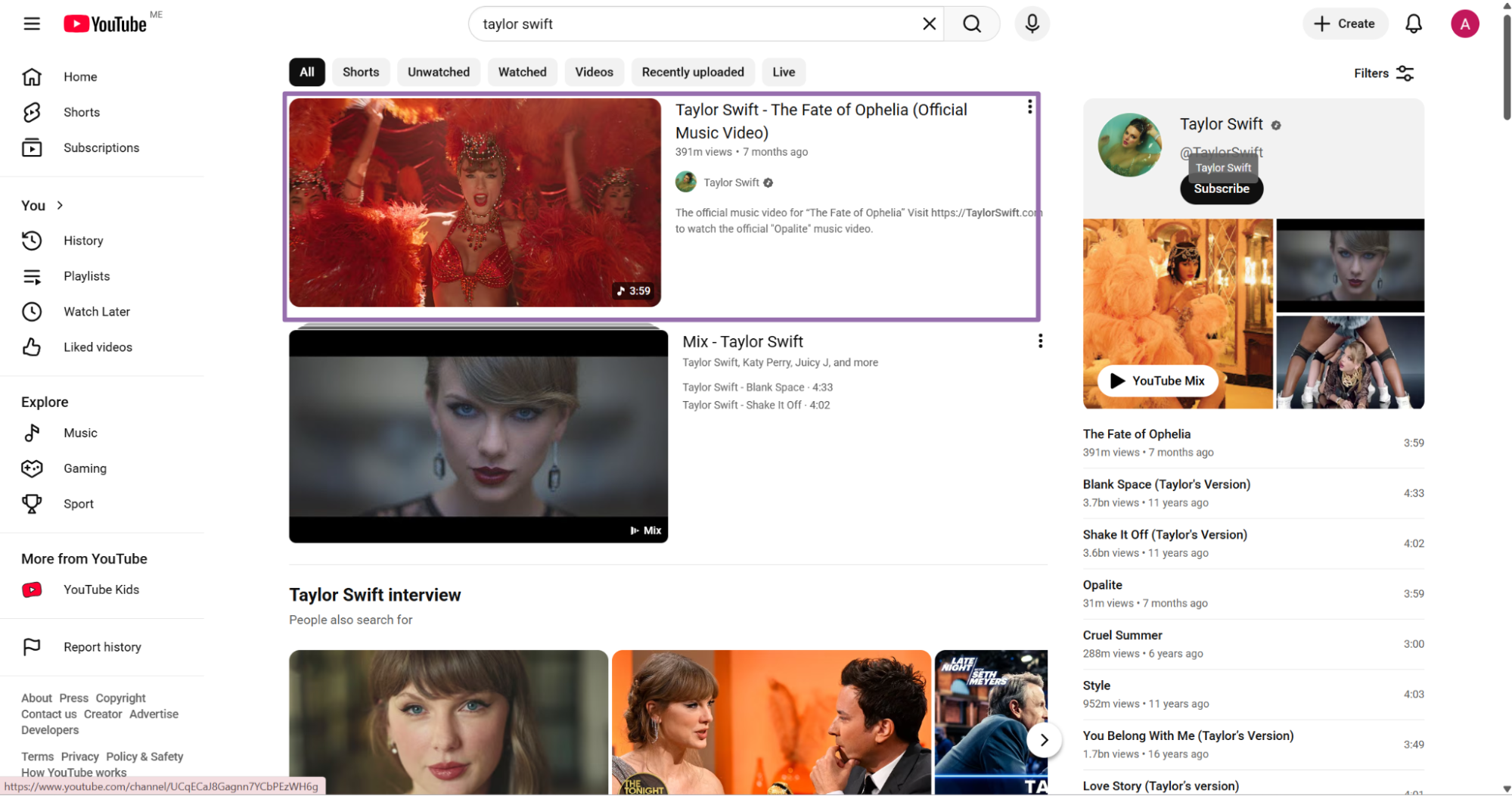 YouTube search results with a Taylor Swift video selected