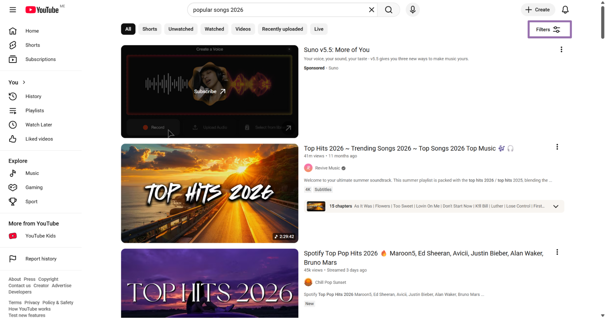 Opening the Filters menu on YouTube search results
