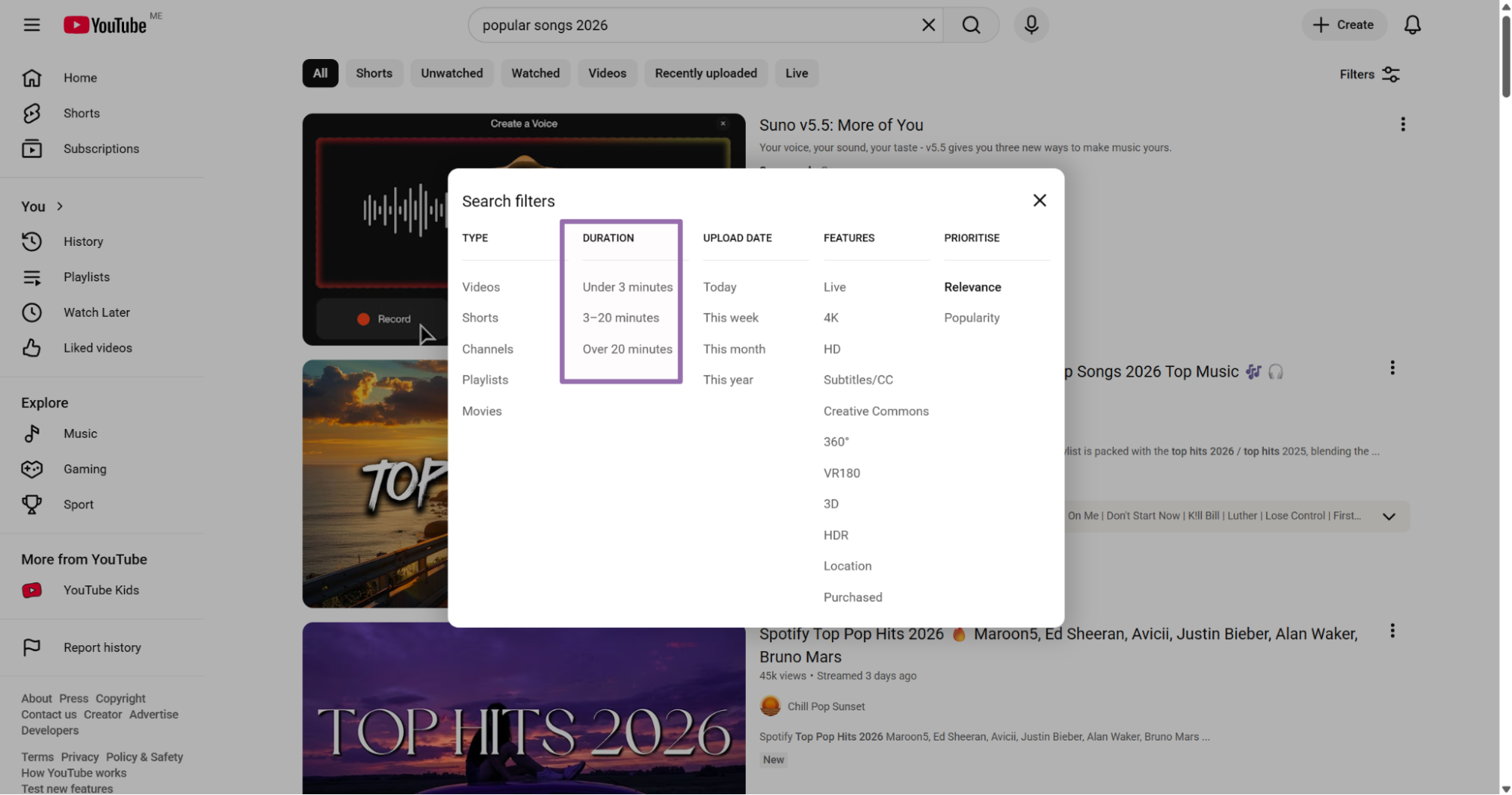 YouTube search filters showing duration options