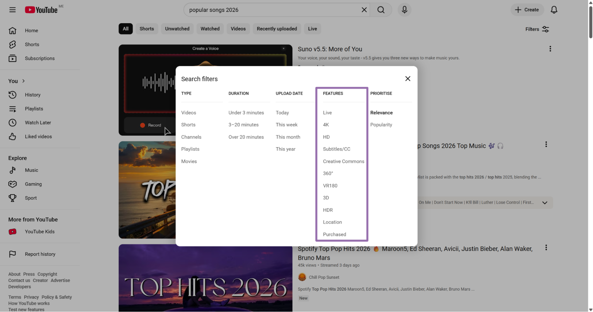 YouTube search filters showing feature options