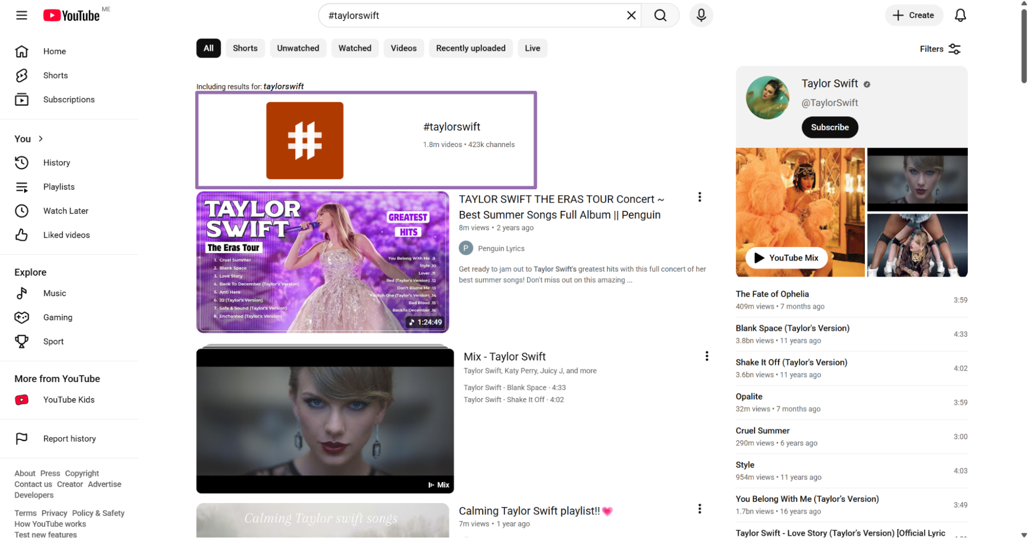 YouTube taylorswift hashtag header above the results