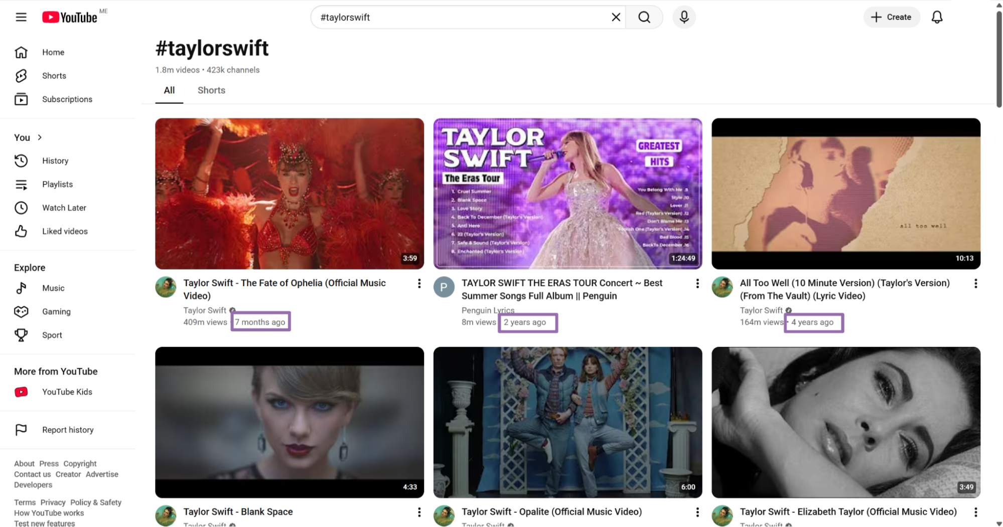 YouTube taylorswift hashtag videos with upload dates