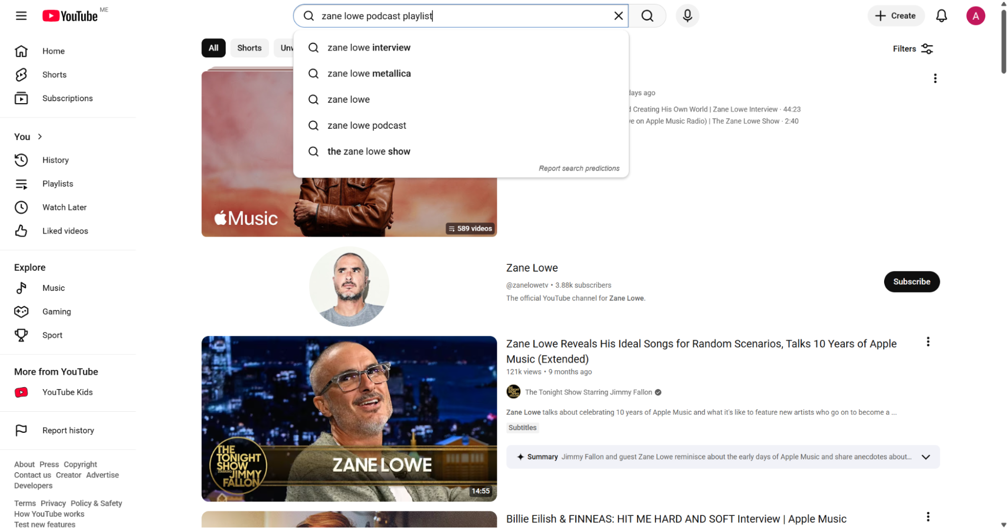 Searching a Zane Lowe podcast playlist on YouTube